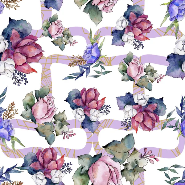 혼합 꽃의 다채로운 꽃다발을 수채화입니다. 꽃 식물 꽃입니다. 원활한 배경 패턴. — 스톡 사진