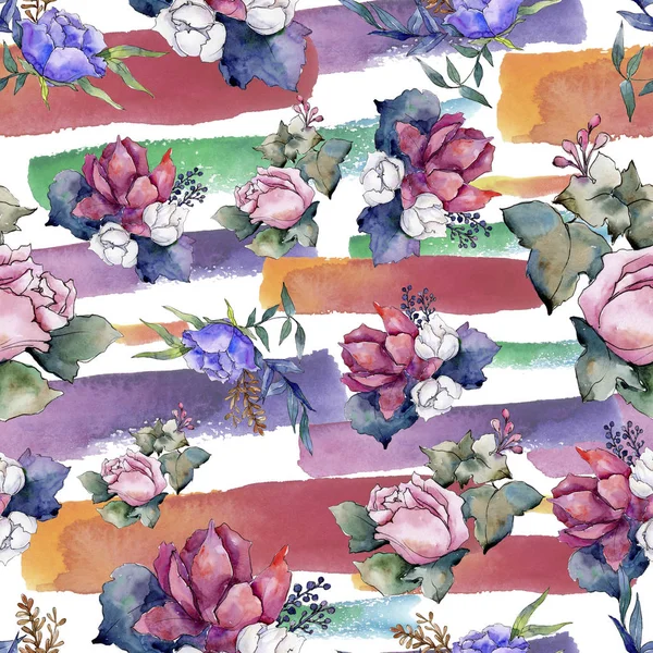 Akvarell färgglad bukett mix blommor. Blommig botaniska blomma. Sömlös bakgrundsmönster. — Stockfoto