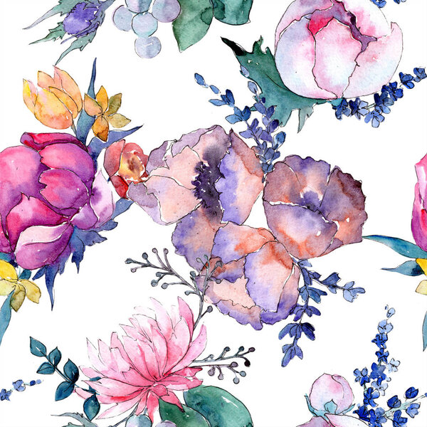 Watercolor colorful bouquet of mix flowers. Floral botanical flower. Seamless background pattern. Fabric wallpaper print texture. Aquarelle wildflower for background, texture, wrapper pattern, frame.