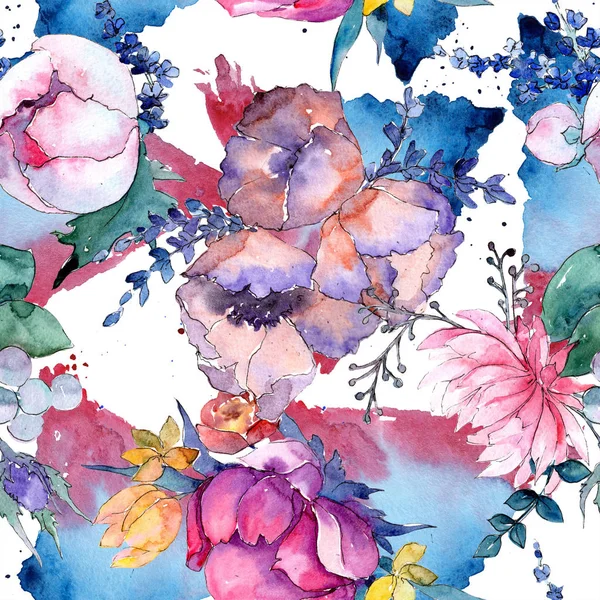 Akvarell färgglad bukett mix blommor. Blommig botaniska blomma. Sömlös bakgrundsmönster. — Stockfoto