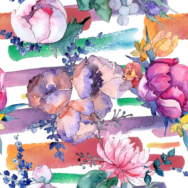 Akwarela bukiet kolorowy mix kwiatów. Botaniczny kwiat kwiatowy. Bezszwowe tło wzór. — Zdjęcie stockowe