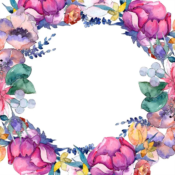 혼합 꽃의 다채로운 꽃다발을 수채화입니다. 꽃 식물 꽃입니다. 프레임 테두리 장식 스퀘어. — 스톡 사진