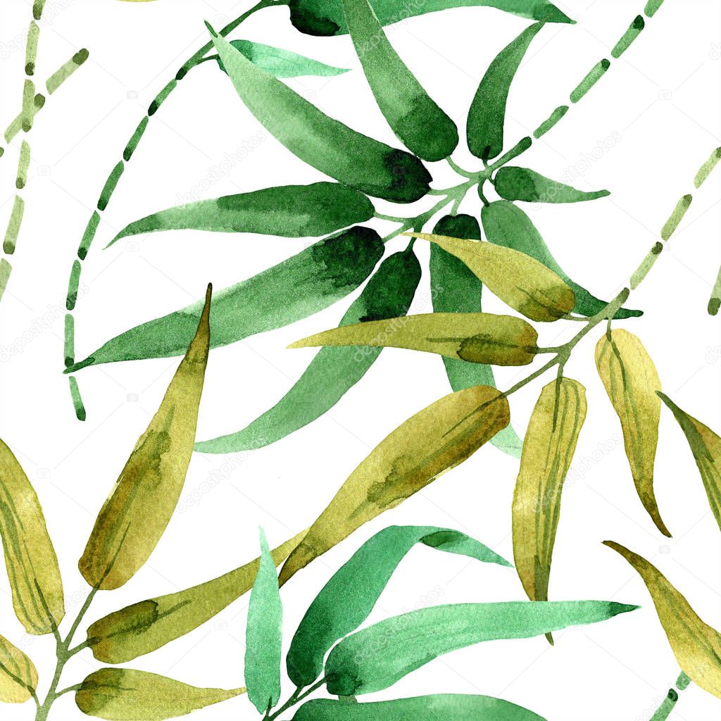 Bamboo green leaf. Leaf plant botanical garden floral foliage. Seamless background pattern.