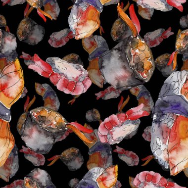 Güzel lezzetli Japon Suşi illüstrasyon suluboya suşi kümesi. Sorunsuz arka plan deseni.