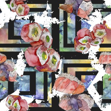 Güzel lezzetli Japon Suşi illüstrasyon suluboya suşi kümesi. Sorunsuz arka plan deseni.