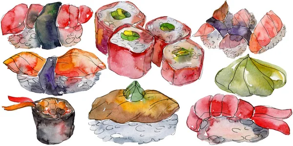 Акварель суши набор красивых вкусных японских суши иллюстрации. Ручной рисунок объектов, изолированных на белом фоне . — стоковое фото