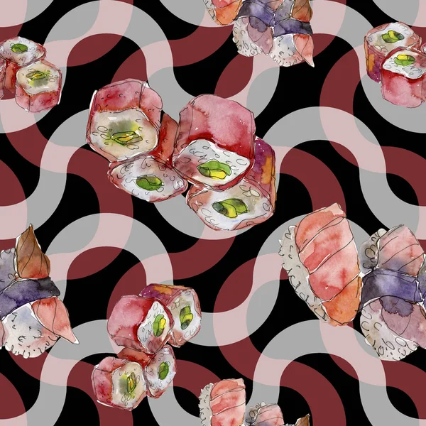 아름 다운 맛 있는 일본 스시 그림 수채화 초밥 세트. 원활한 배경 패턴. — 스톡 사진