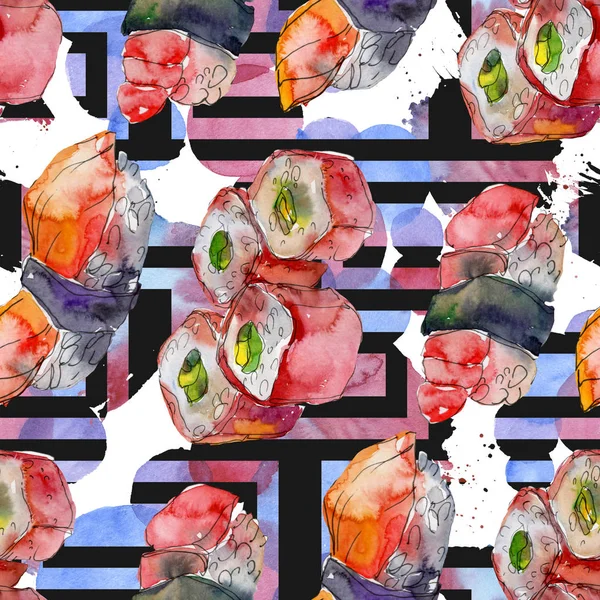 Ακουαρέλα σούσι σύνολο όμορφη γευστική Ιαπωνική Σούσι εικονογράφηση. Απρόσκοπτη υπόβαθρο μοτίβο. — Φωτογραφία Αρχείου