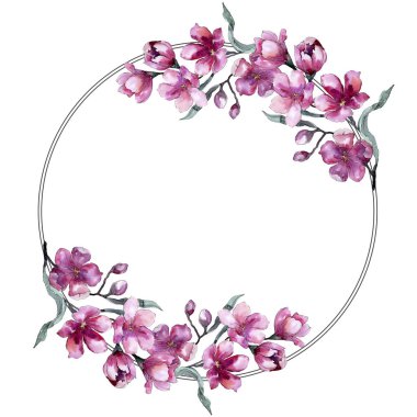 Pembe çiçek suluboya buket. Botanik çiçek. Çerçeve kenarlığı süsleme Meydanı.