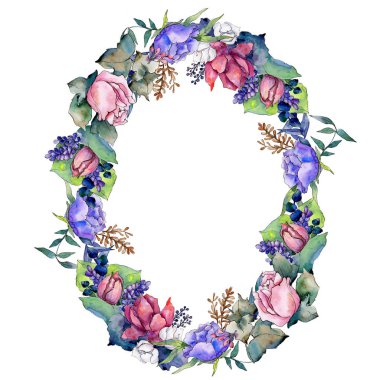 Sulu boya renkli buket karışımı. Botanik çiçek. Çerçeve kenarlığı süsleme Meydanı.