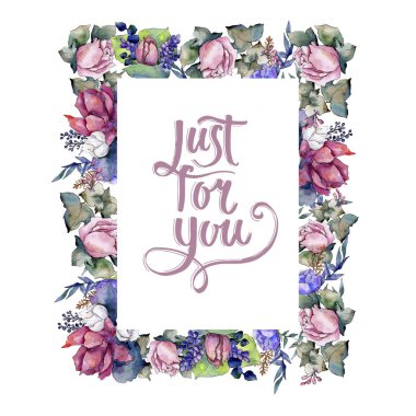 Sulu boya renkli buket karışımı. Botanik çiçek. Çerçeve kenarlığı süsleme Meydanı.