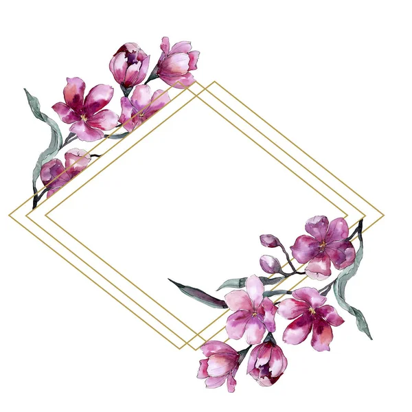 Akvarell bukett av rosa blomma. Blommig botaniska blomma. Ram gränsen prydnad square. — Stockfoto