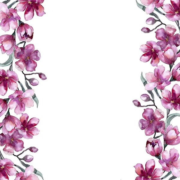ピンクの花の水彩画の花束。花植物の花。フレーム枠飾りスクエア. — ストック写真