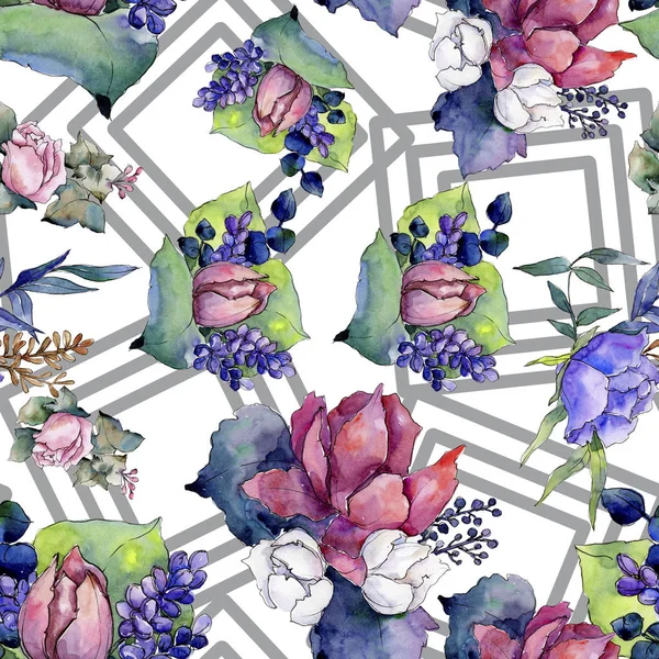 Akvarelu barevné Kytice mix květin. Květinové botanické květin. Vzor bezešvé pozadí. — Stock fotografie