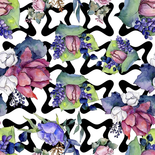Aquarell bunten Strauß gemischter Blumen. Blütenbotanische Blume. nahtloses Hintergrundmuster. — Stockfoto