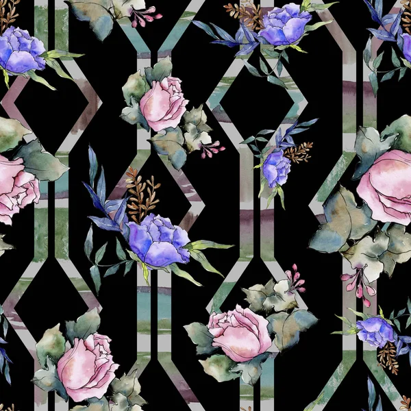 ミックス花の水彩画のカラフルな花束 花植物の花 シームレスな背景パターン 壁紙印刷手触りの生地 テクスチャ ラッパー パターン フレーム Aquarelle ワイルドフラワー — ストック写真