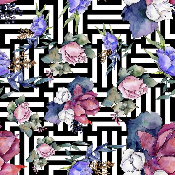 혼합 꽃의 다채로운 꽃다발을 수채화입니다. 꽃 식물 꽃입니다. 원활한 배경 패턴. — 스톡 사진
