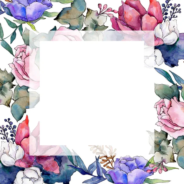 Aquarell bunten Strauß gemischter Blumen. Blütenbotanische Blume. Rahmen Rand Ornament Quadrat. — Stockfoto