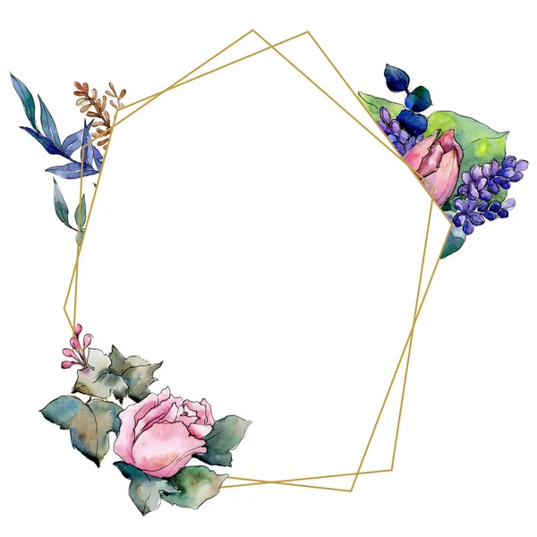 水彩五颜六色的花束混合花。花卉植物花卉。框架边框装饰方形. — 图库照片
