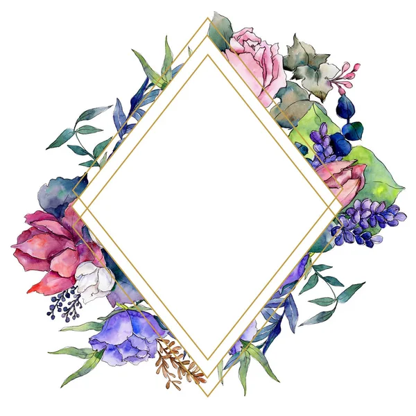 Aquarell bunten Strauß gemischter Blumen. Blütenbotanische Blume. Rahmen Rand Ornament Quadrat. — Stockfoto