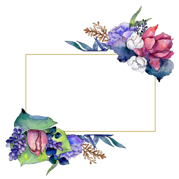 Ακουαρέλα πολύχρωμο μπουκέτο λουλούδια μίγμα. Floral βοτανικό λουλούδι. Πλαίσιο συνόρων στολίδι τετράγωνο. — Φωτογραφία Αρχείου