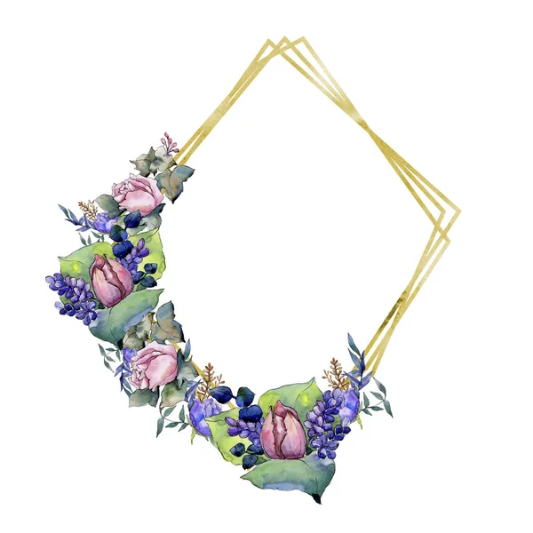 Aquarel kleurrijke boeket van mix bloemen. Floral botanische bloem. Frame grens ornament vierkant. — Stockfoto