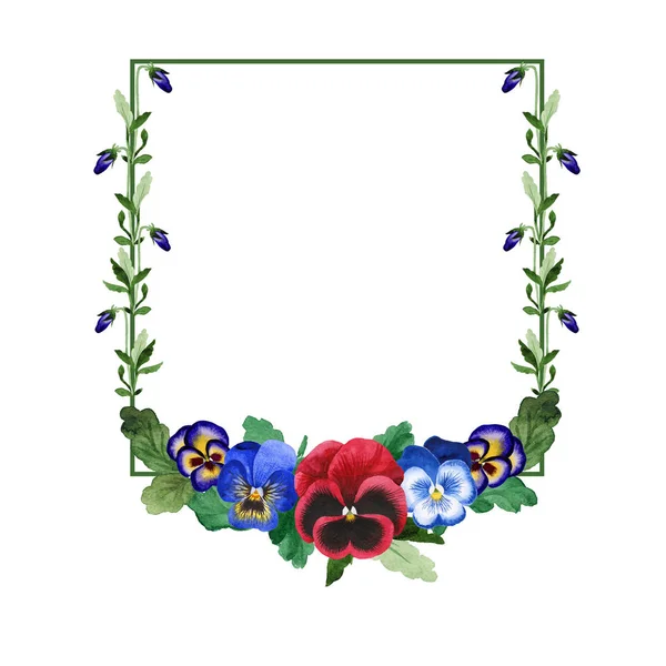 蓝色中提琴框架。花植物学花。绿叶。叶植物植物园花卉叶。框架边框装饰 — 图库照片