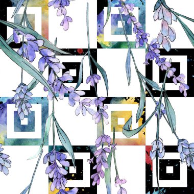 Mor lavanta. Botanik çiçek. Suluboya arka plan illüstrasyon küme. Sorunsuz arka plan deseni.