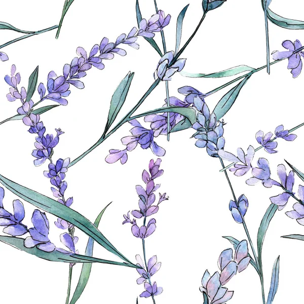 Violettem Lavendel. Blütenbotanische Blume. Aquarell Hintergrundillustration Set. nahtloses Hintergrundmuster. — Stockfoto