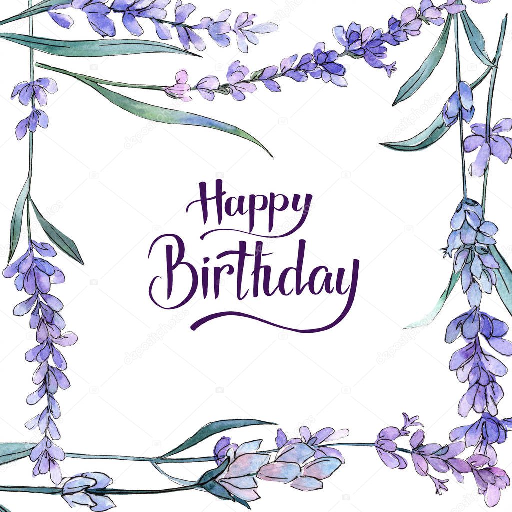 Purple lavender. Floral botanical flower. Happy Birthday handwriting monogram calligraphy. Frame border ornament square.