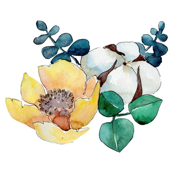 Fleurs jaunes et coton. Composition florale de bouquet isolé. Ensemble d'illustration de fond aquarelle . — Photo