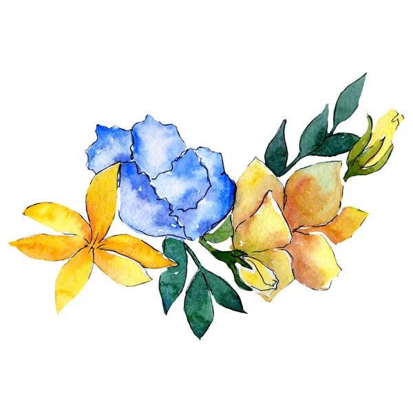 Yellow blue flowers. Floral botanical flower. Isolated bouquet composition. Watercolor background illustration set. — Stock Photo, Image