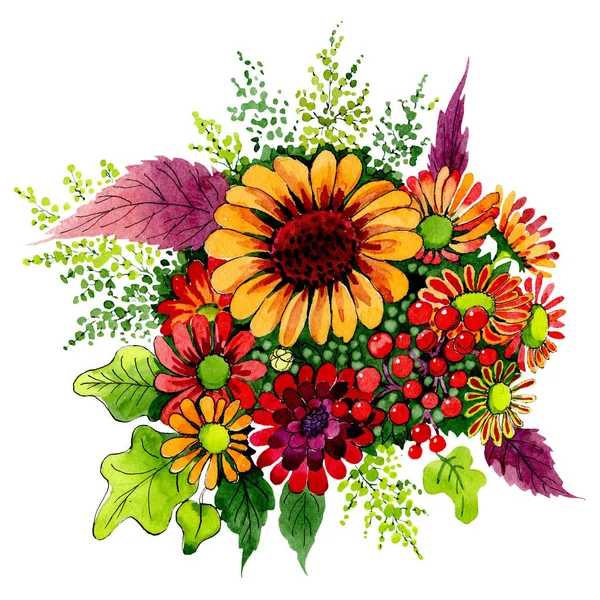 Червоні та помаранчеві квіти. Квіткова ботанічна квітка. Ізольовані композиції букетів. Набір ілюстрацій акварельного фону . — стокове фото