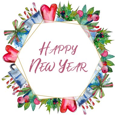 Mutlu yeni yıl el yazısı monogram hat. Noel kış tatil sembolü suluboya tarzında. 2019 yıl