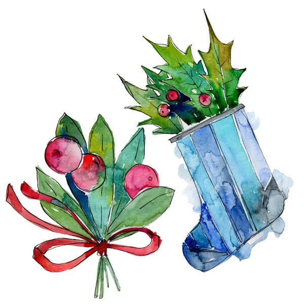 Изолированные чулки, ягоды, элементы иллюстрации. Рождественский символ зимнего праздника в акварельном стиле. 2009 год — стоковое фото