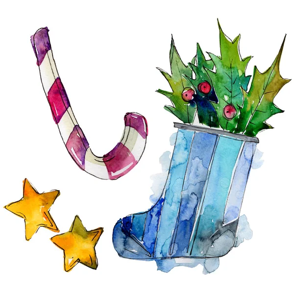 Isolated stocking, cane, star, berry illustration elements. Christmas winter holiday symbol in a watercolor style.