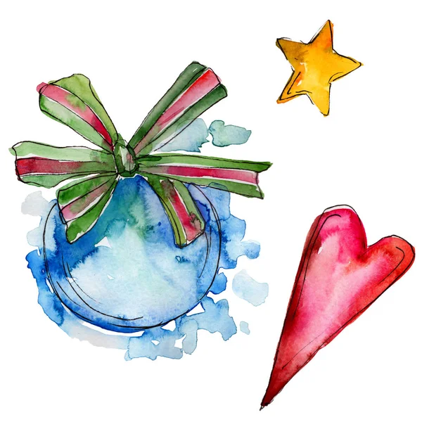 Απομονωμένο αστέρι, μπάλα, καρδιά απεικόνιση στοιχείων. Χειμερινές διακοπές το σύμβολο των Χριστουγέννων σε στυλ υδατογραφίας. 2019 έτος. — Φωτογραφία Αρχείου