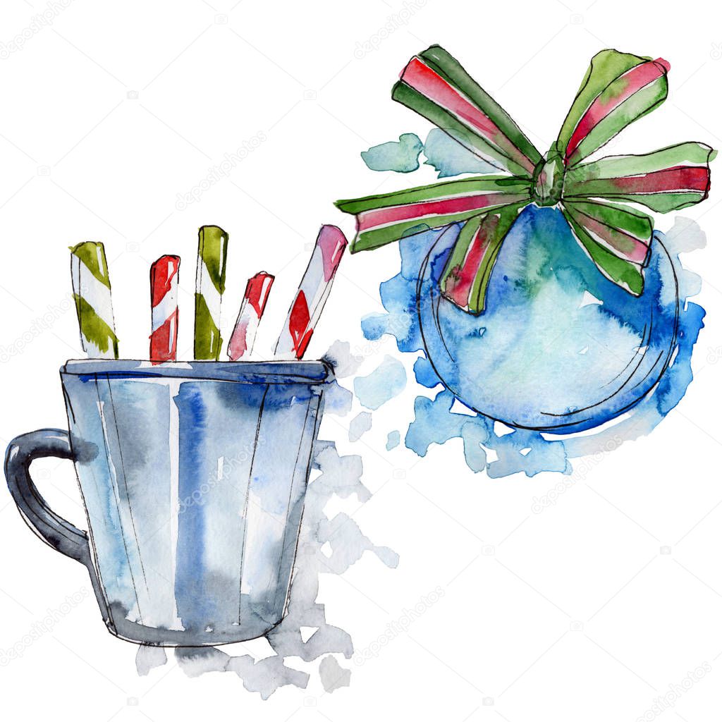 Isolated candy, cup, ball illustration elements. Christmas winter holiday symbol in a watercolor style. 2019 year