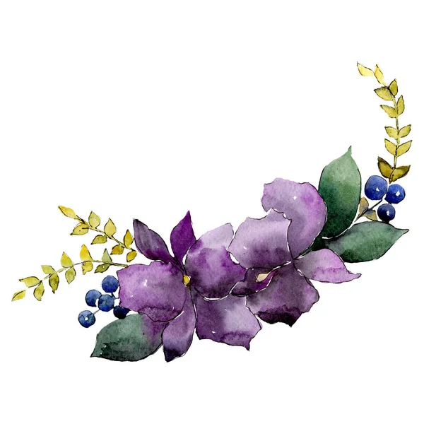 紫の植物花。分離分離花束イラスト要素。緑の葉。水彩画背景セット. — ストック写真