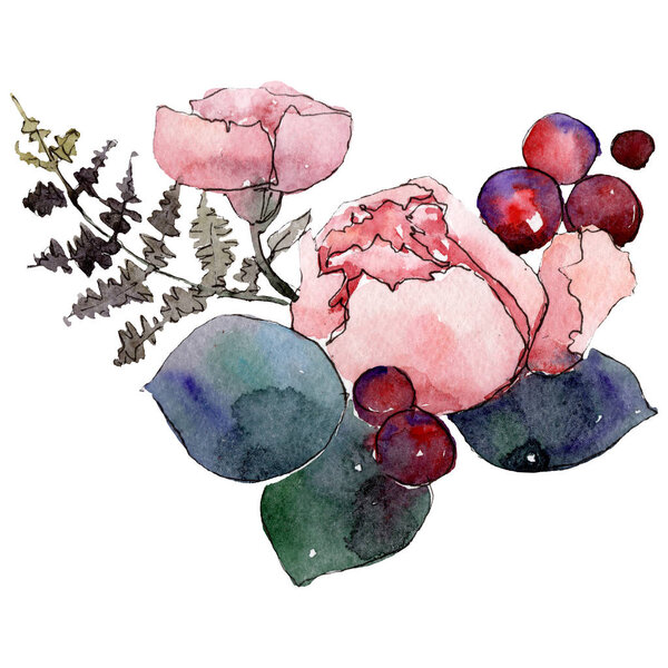 Red botanical flower. Isolated bouquet illustration element. Green leaf. Watercolor background set.