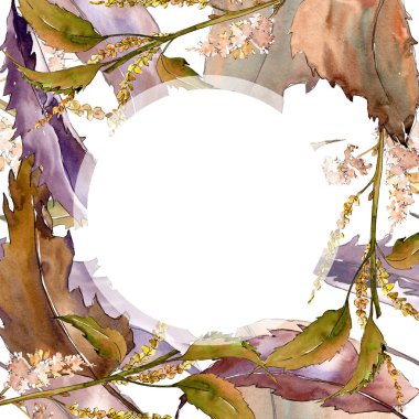 Kahverengi kestane bırakır. Çerçeve kenarlığı süsleme Meydanı. Yaprak bitki bahçe bitki örtüsü. Suluboya arka plan illüstrasyon seti.