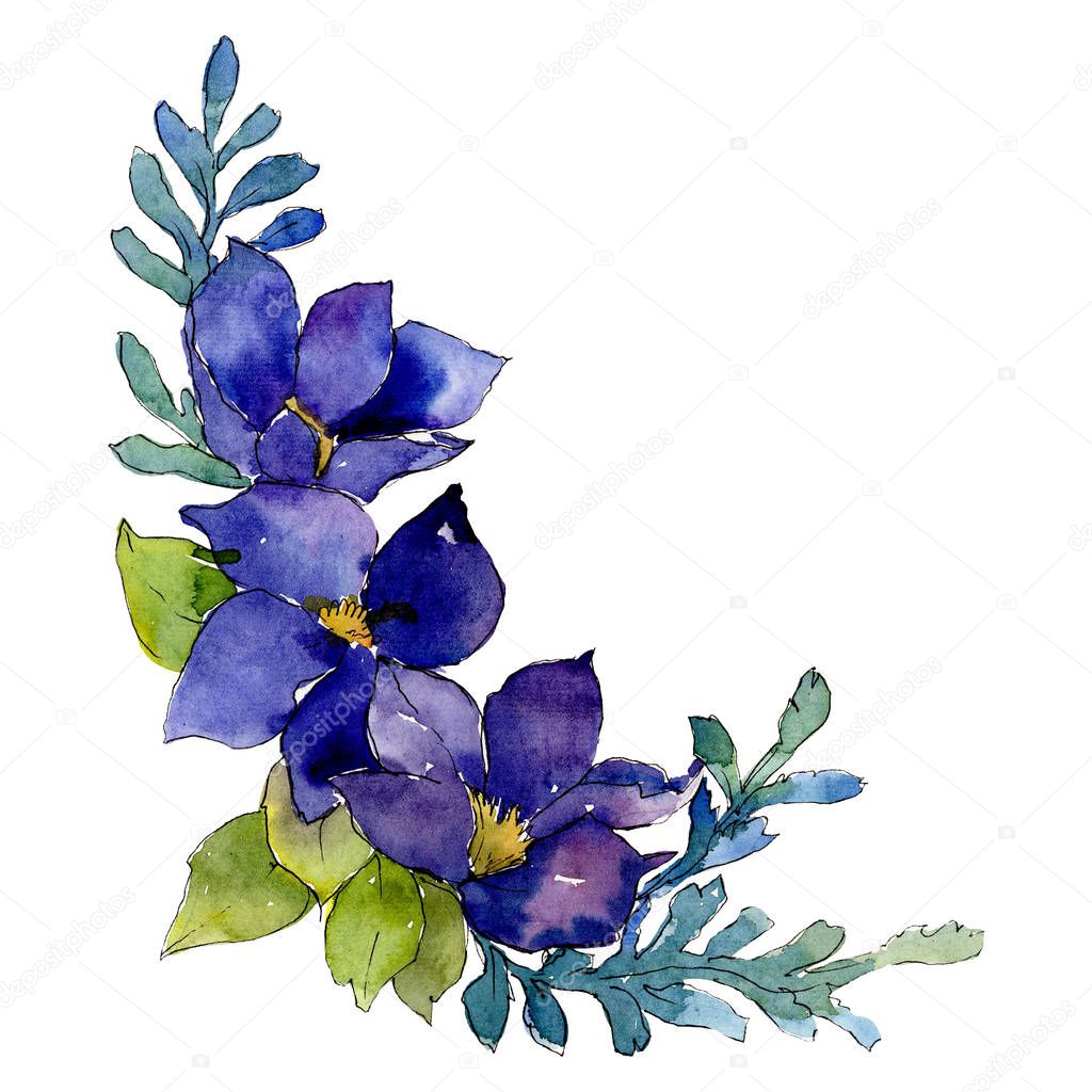 Blue flowers. Isolated flower illustration element. Background illustration set. Watercolour drawing aquarelle bouquet.