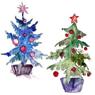 Tencerede izole Chrismas ağaç. Arka plan illüstrasyon ayarlayın. Suluboya çizim aquarelle izole.