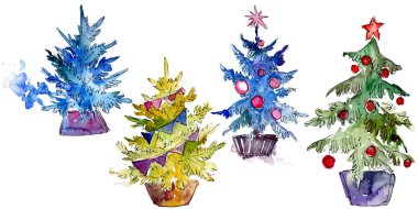 Tencerede izole Chrismas ağaç. Arka plan illüstrasyon ayarlayın. Suluboya çizim aquarelle izole.
