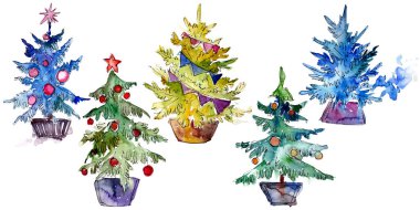 Tencerede izole Chrismas ağaç. Arka plan illüstrasyon ayarlayın. Suluboya çizim aquarelle izole.