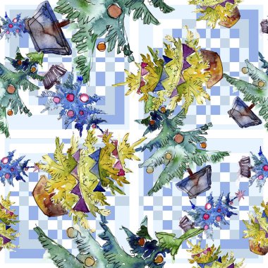 Noel ağacı kırmızı biblo ve garland ile dekore edilmiştir. Arka plan, doku, sarıcı desen için suluboya kartı.