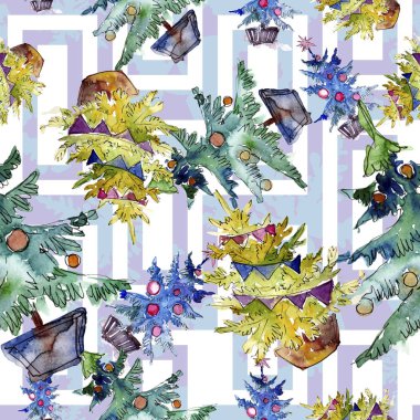 Noel ağacı kırmızı biblo ve garland ile dekore edilmiştir. Arka plan, doku, sarıcı desen için suluboya kartı.