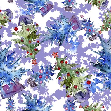 Noel ağacı kırmızı biblo ve garland ile dekore edilmiştir. Arka plan, doku, sarıcı desen için suluboya kartı.