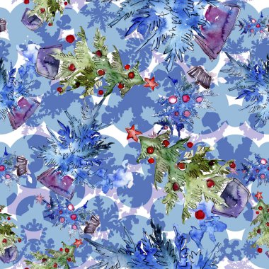 Noel ağacı kırmızı biblo ve garland ile dekore edilmiştir. Arka plan, doku, sarıcı desen için suluboya kartı.