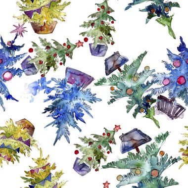 Noel ağacı kırmızı biblo ve garland ile dekore edilmiştir. Arka plan, doku, sarıcı desen için suluboya kartı.